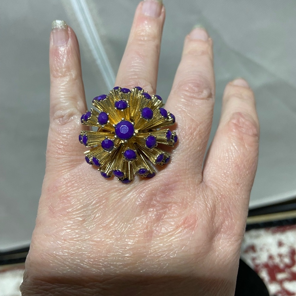 Excellent Dome Shape, Purple and Gold Tone Firework Looking Statement Ring